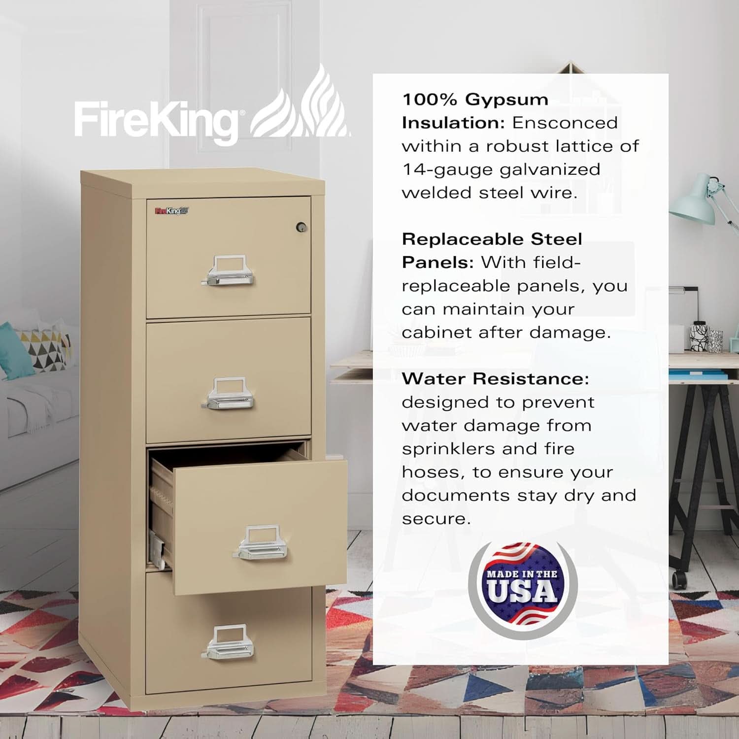 Vertical 4 Drawer Fire Rated File Cabinet Parchment Key Lock