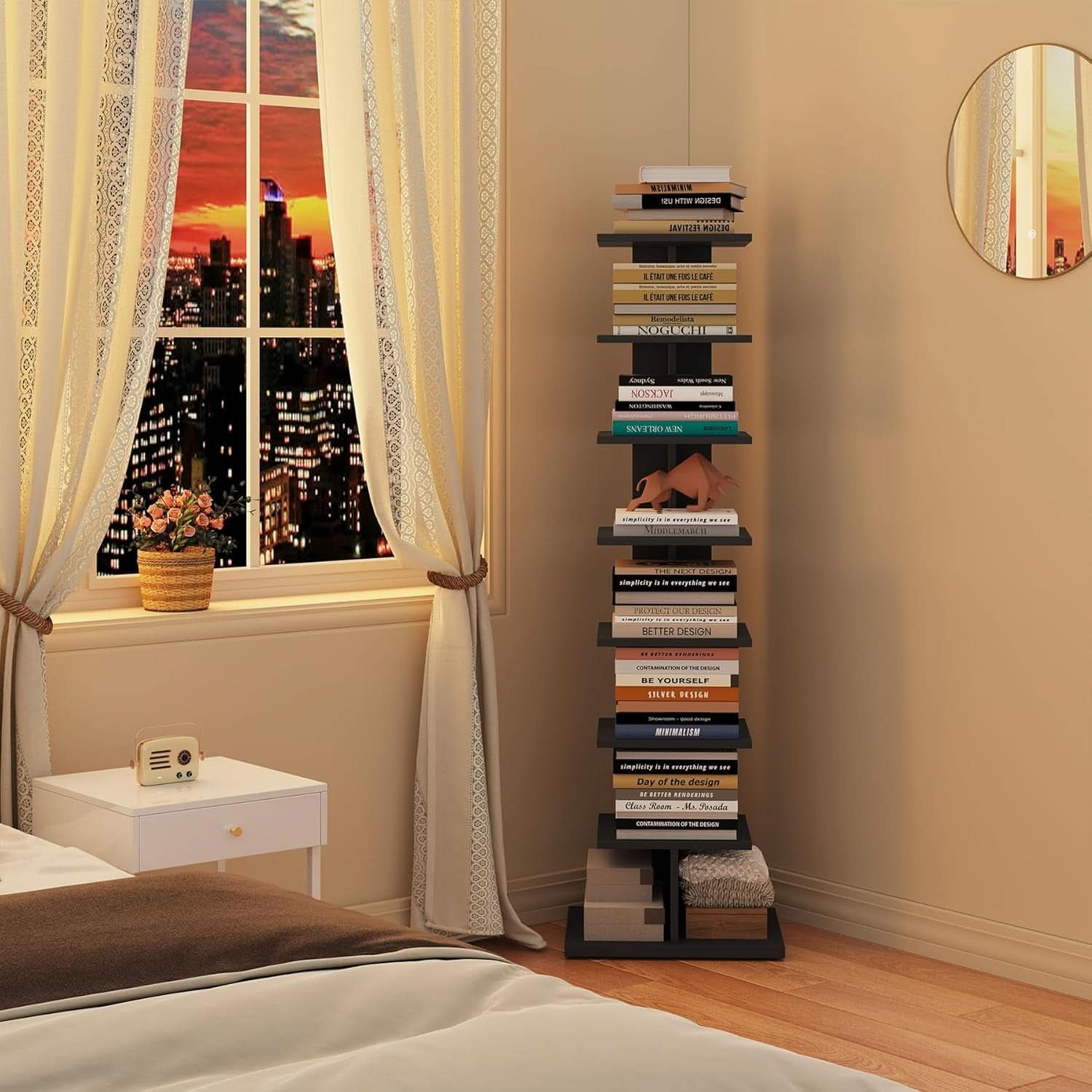 Vertical 8 Tier Bookshelf Black For Small Spaces Bookcase