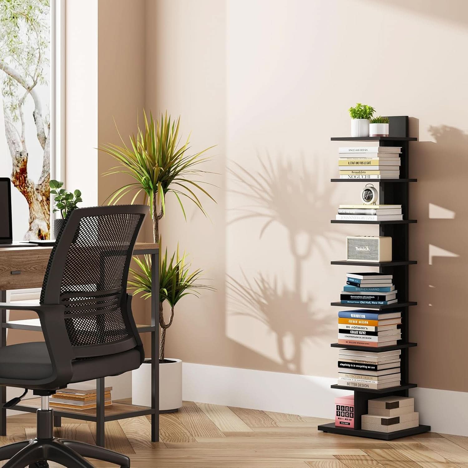 Vertical 8 Tier Bookshelf Black For Small Spaces Bookcase