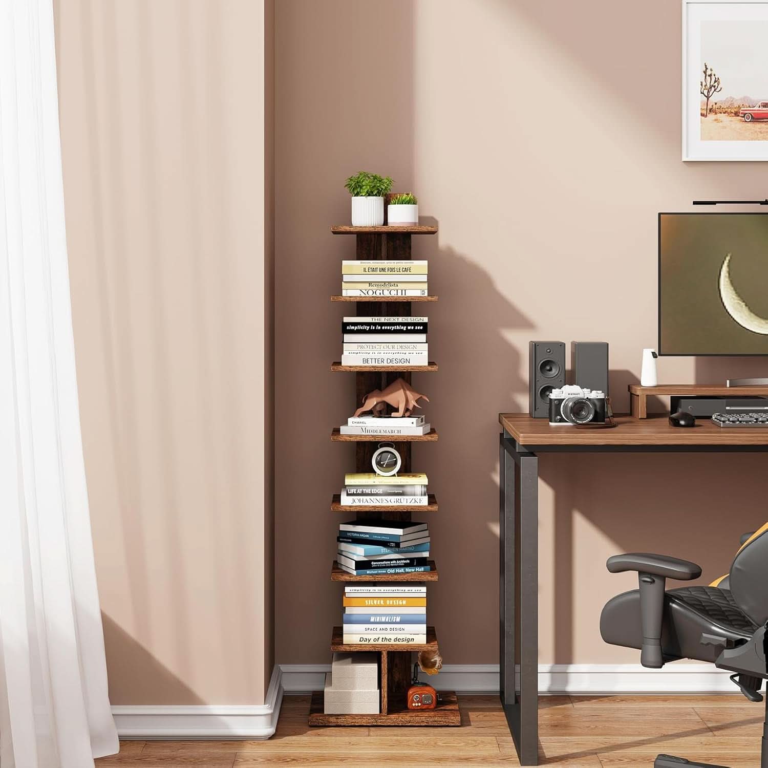 Vertical Bookshelf 8 Tier Rustic Brown Corner Shelf
