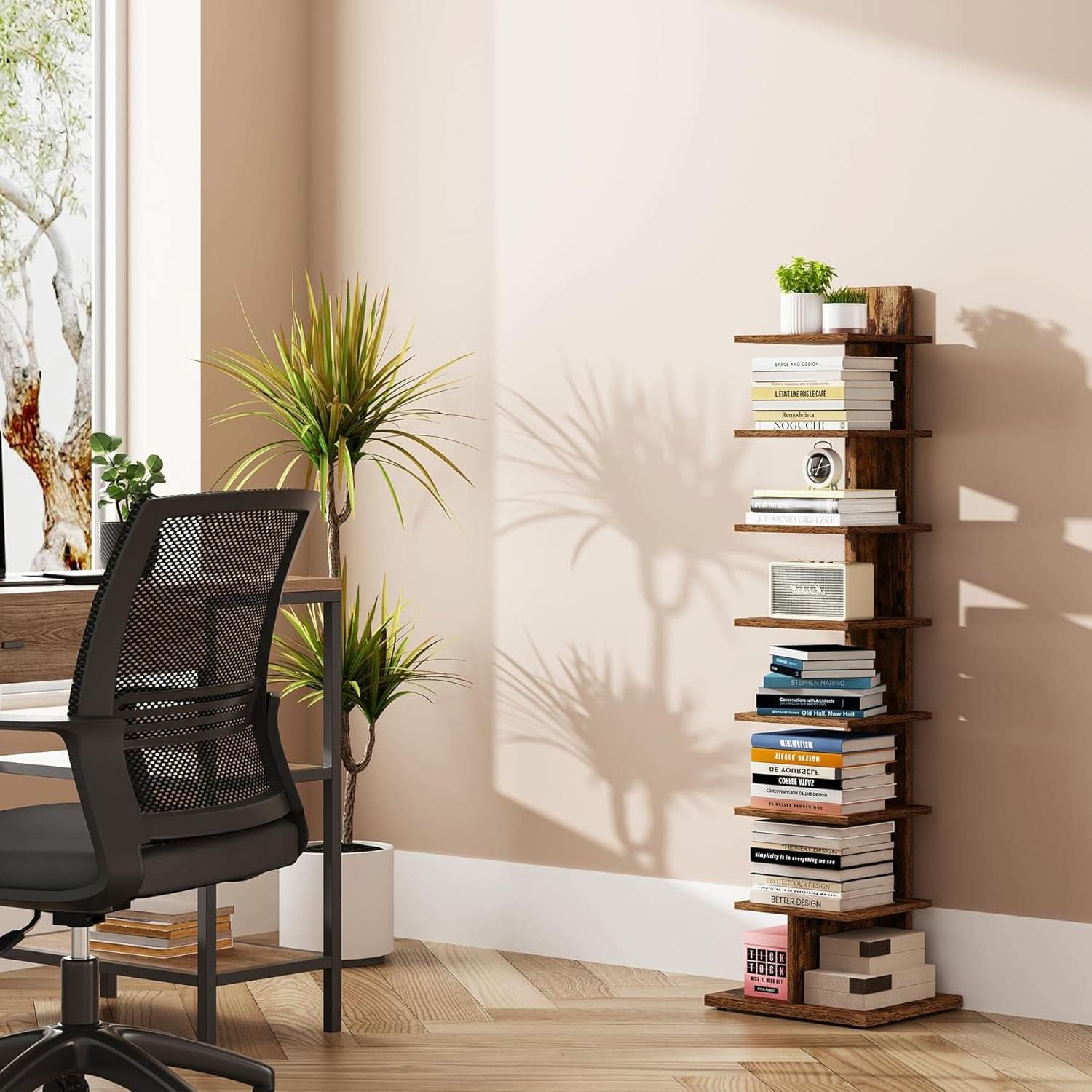 Vertical Bookshelf 8 Tier Rustic Brown Corner Shelf