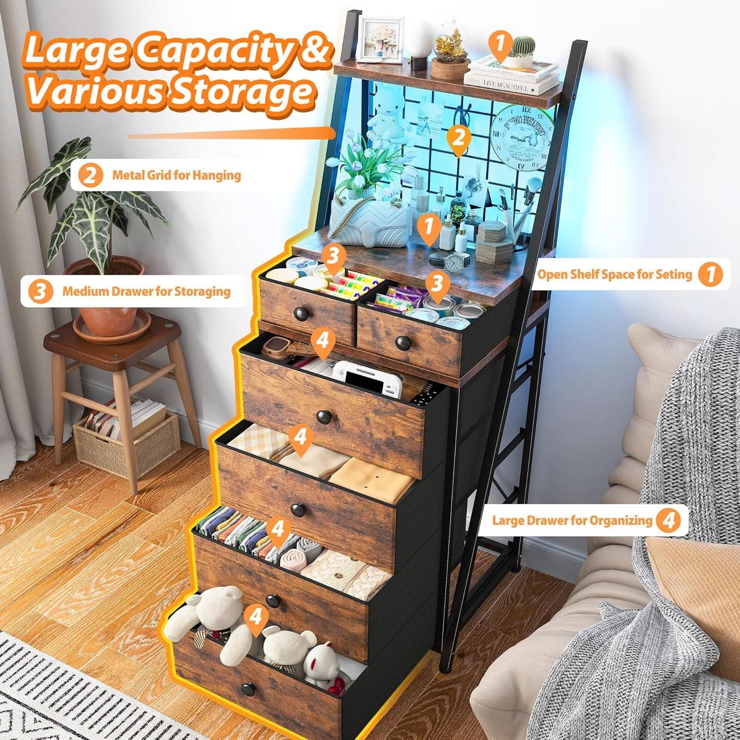 Vertical Dresser LED Height 51.2 Inches Tall Bedroom