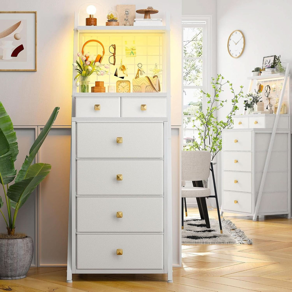 Vertical LED Dresser 6 Drawers White Bedroom Chest