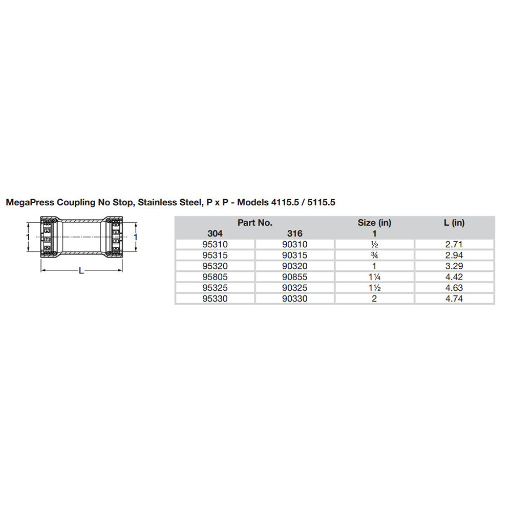 Viega MegaPress 1/2" Stainless Steel 304 Coupling w/o Stop - Double Press Connection -