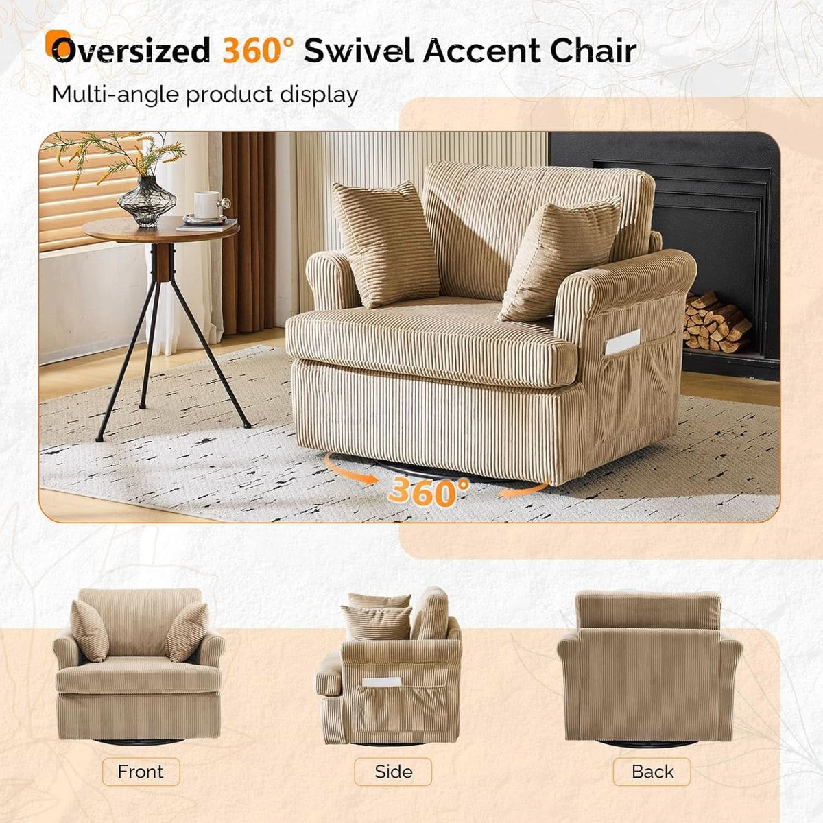 Vingl Modern 39.2Inch ExtraWide Swivel Armchair Khaki