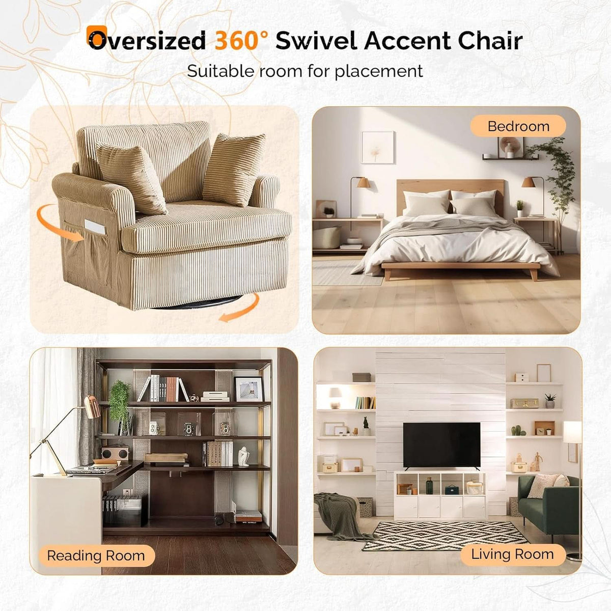 Vingl Modern 39.2Inch ExtraWide Swivel Armchair Khaki