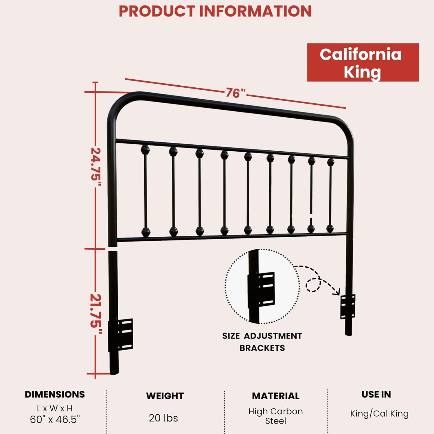 Vintage Adjustable Wrought Iron Headboard for King Beds
