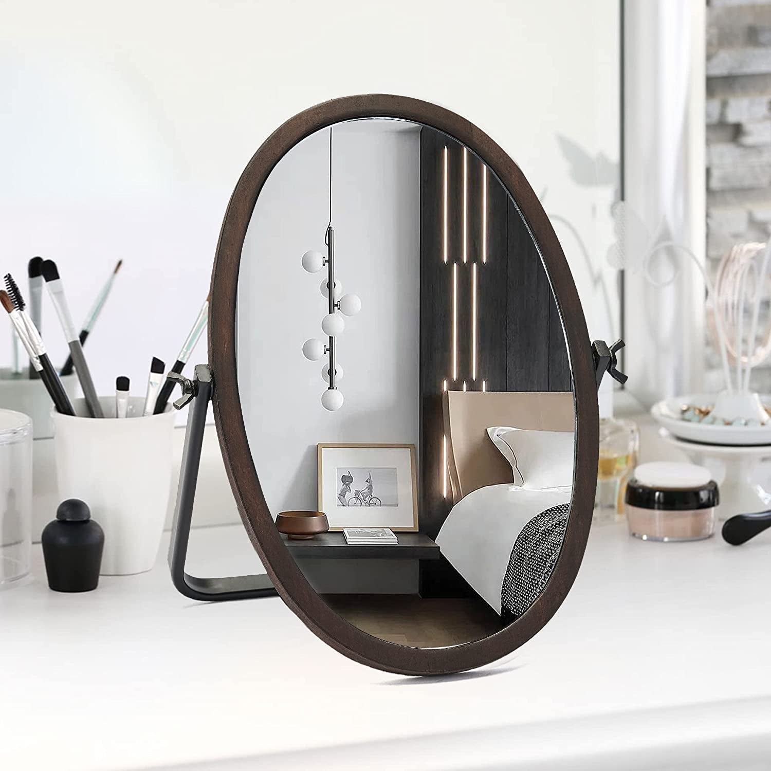 Vintage Bronze Wood Framed Makeup Mirror With 360 Degree Swivel