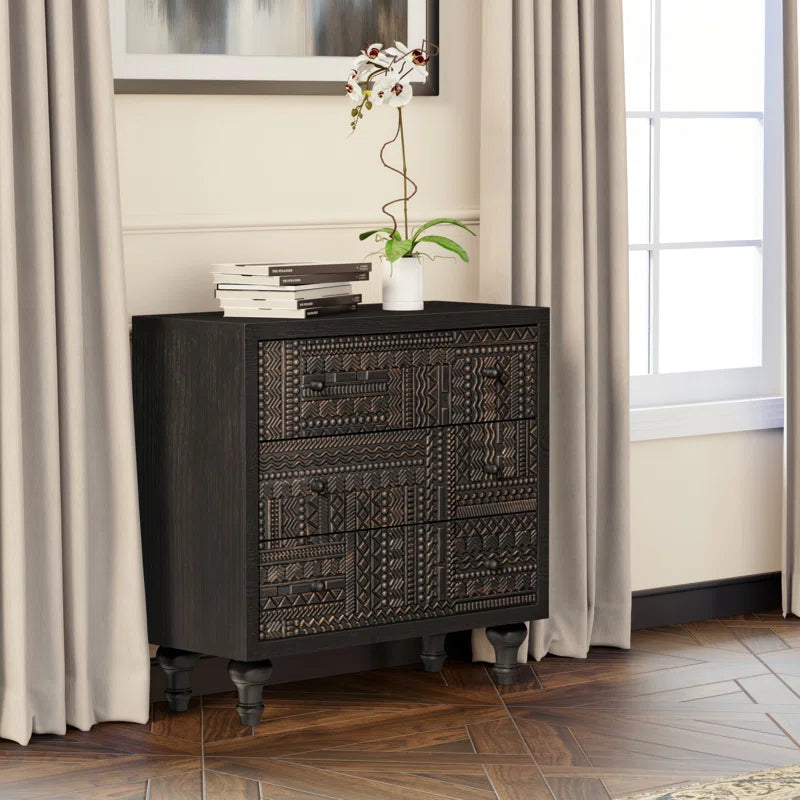Vintage Farmhouse 3 Drawer Dresser With Carved Boho Pattern
