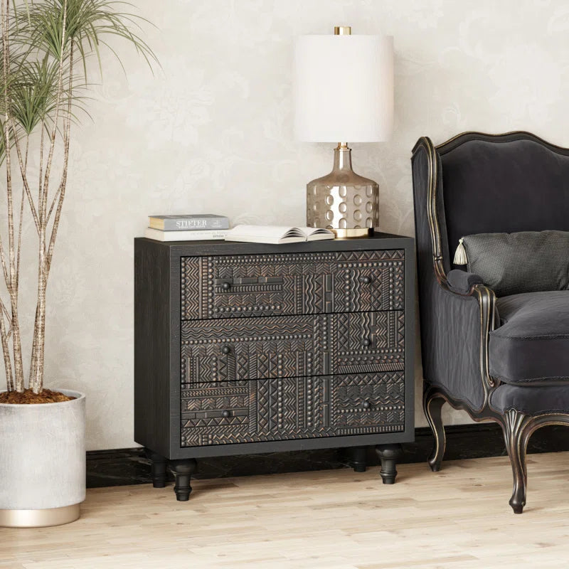 Vintage Farmhouse 3 Drawer Dresser With Carved Boho Pattern