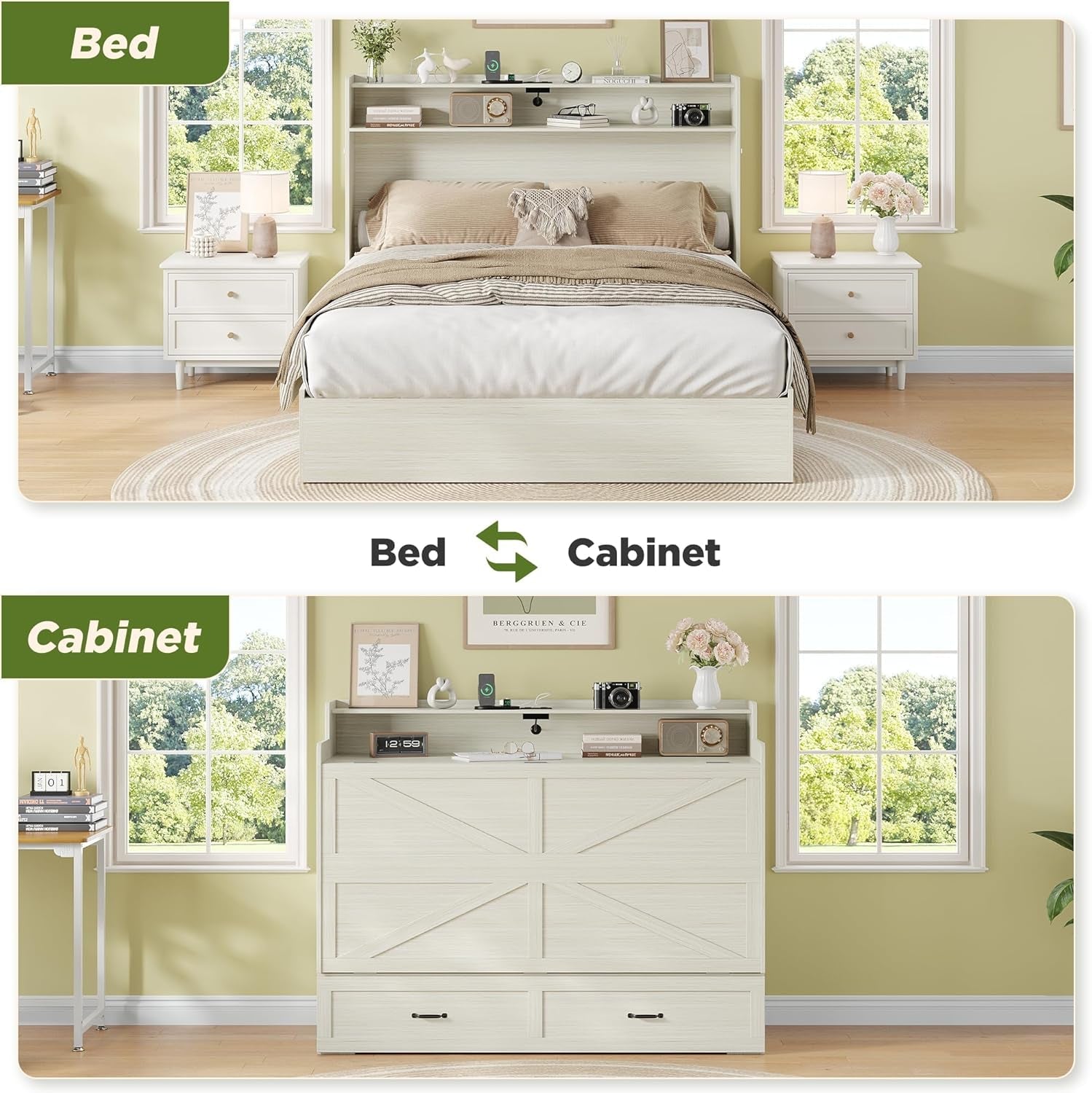 Vintage White Queen Murphy Bed Cabinet Space Saver