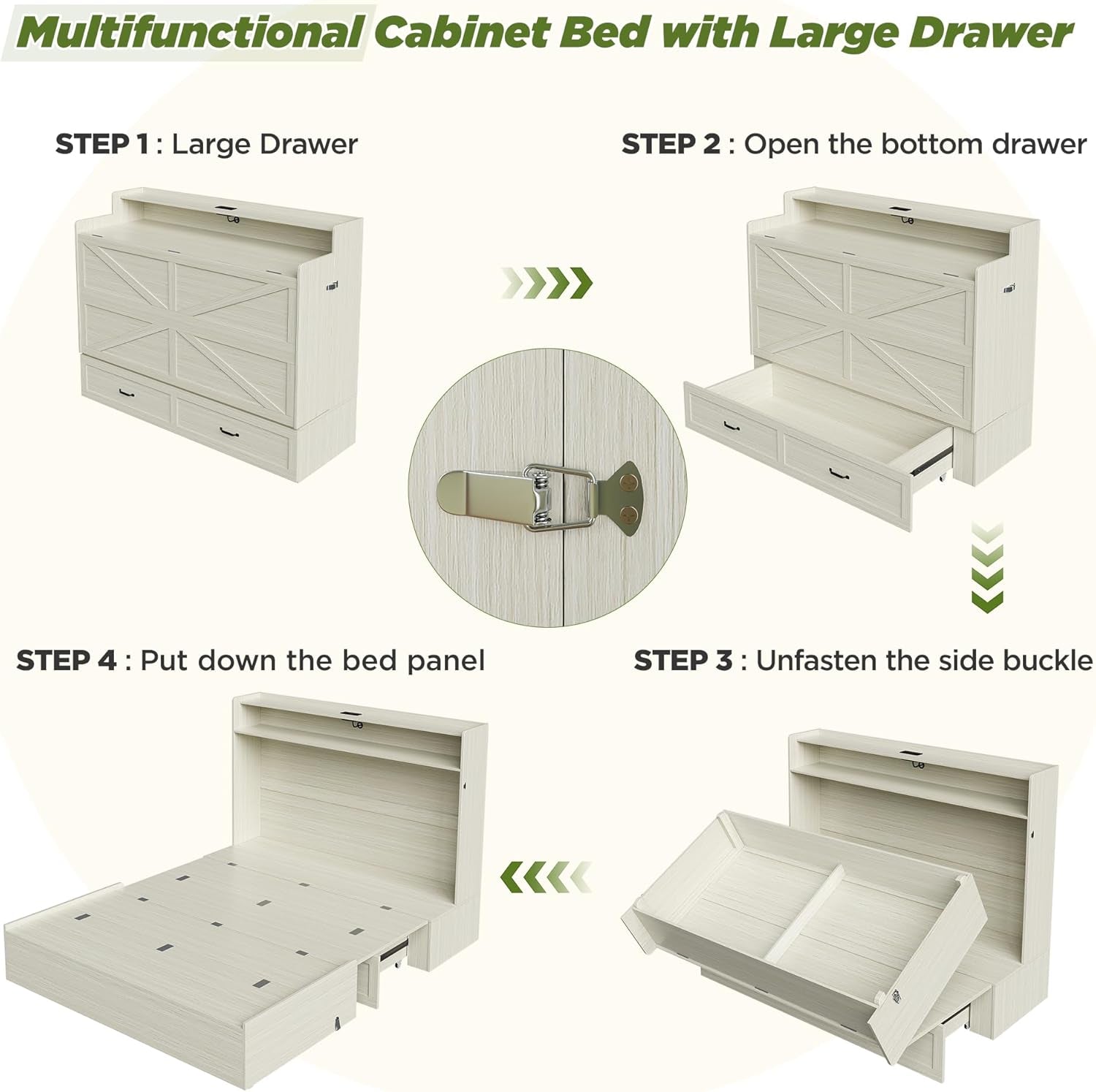 Vintage White Queen Murphy Bed Cabinet Space Saver