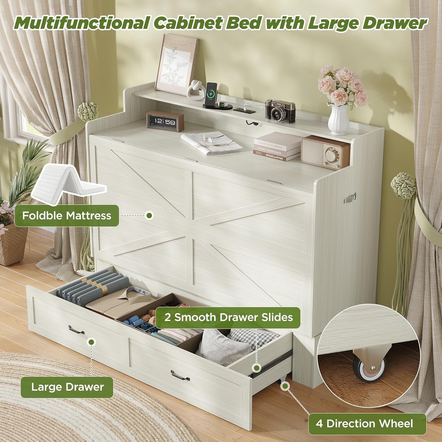 Vintage White Queen Murphy Bed Cabinet Space Saver