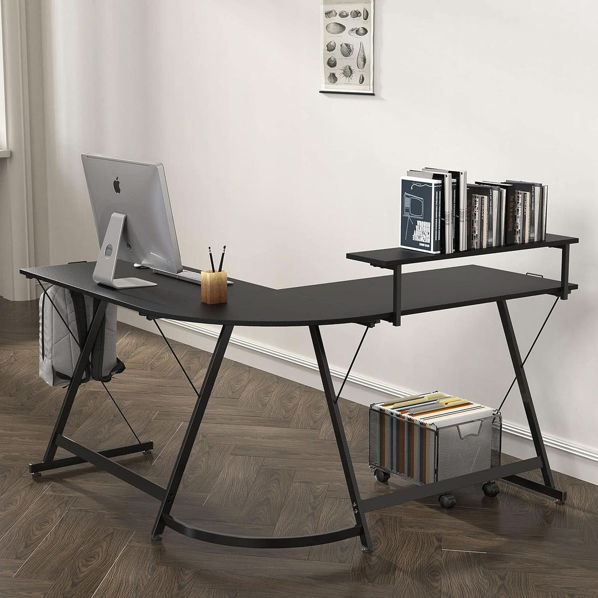 Vista L Shaped Desk With Removable Monitor Shelf In Black