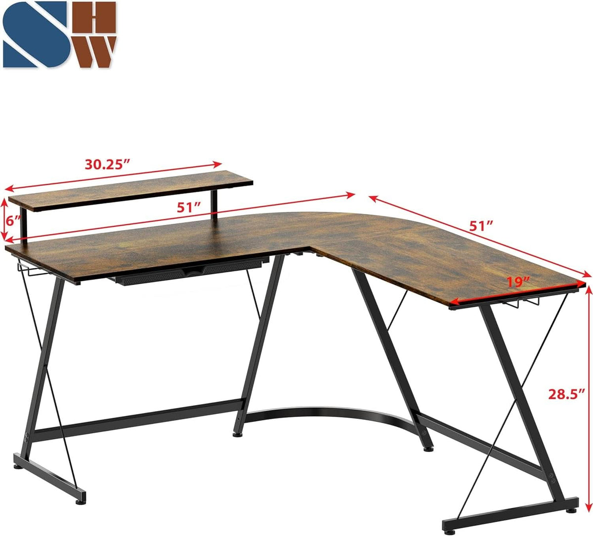 Vista Rustic Brown L Shaped Desk With Monitor Stand