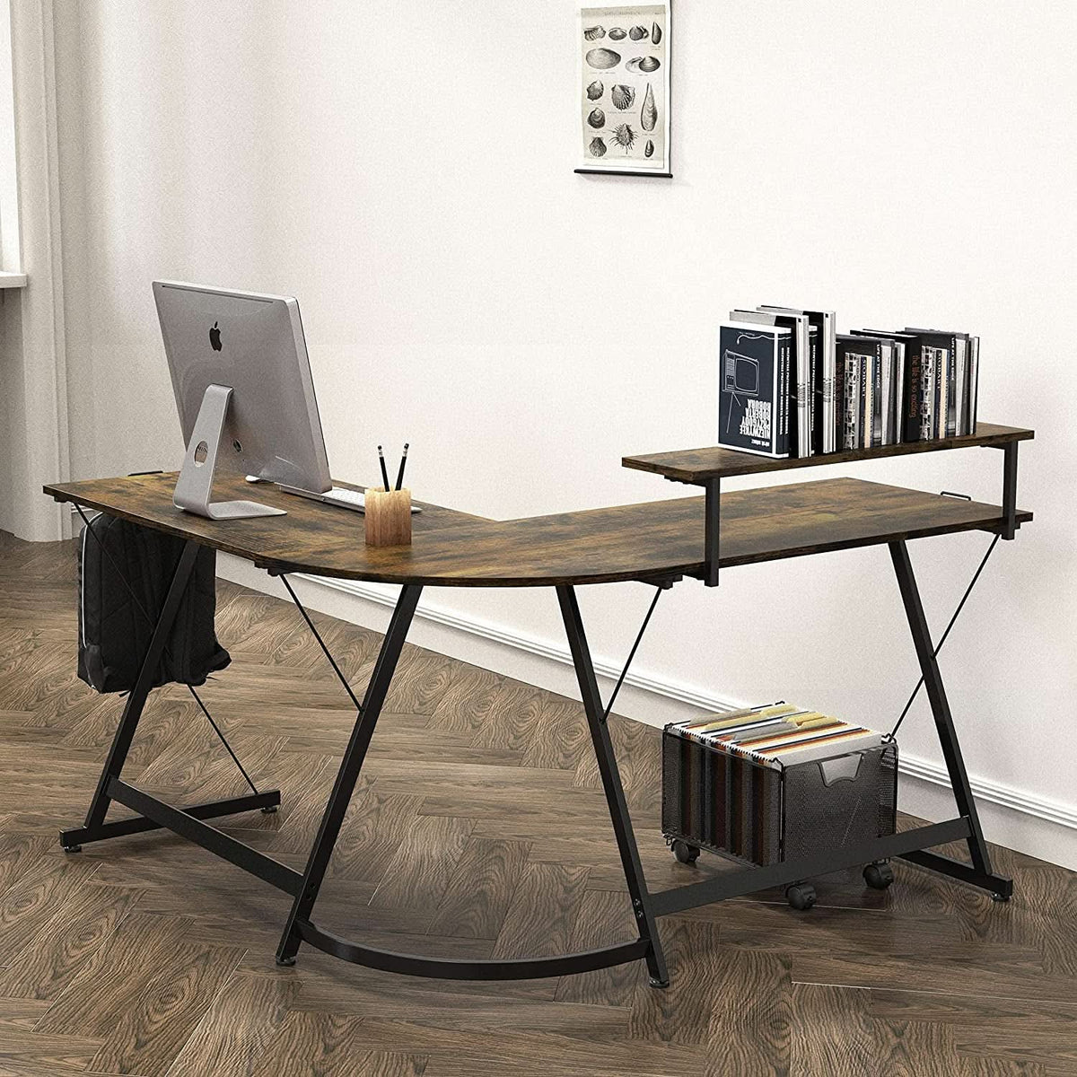 Vista Rustic Brown L Shaped Desk With Monitor Stand