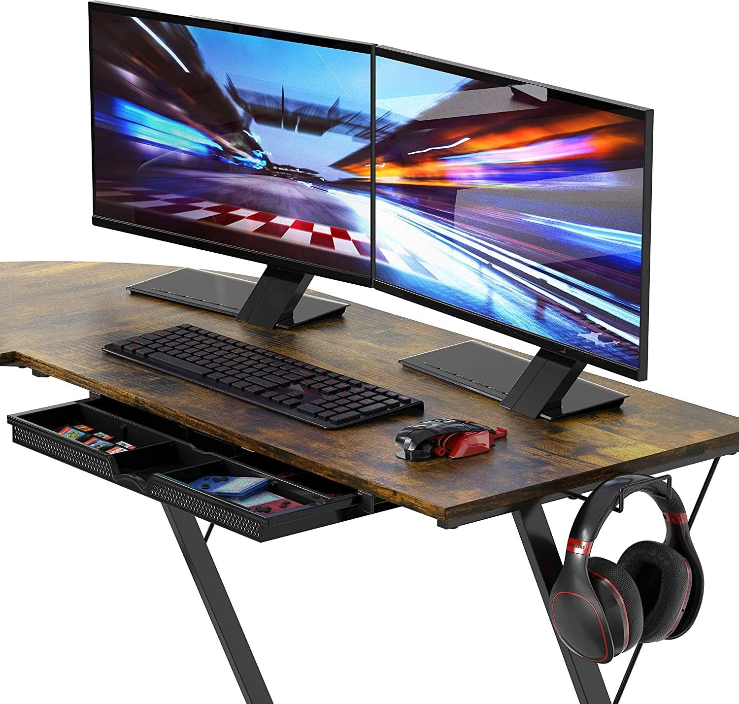 Vista Rustic Brown L Shaped Desk With Monitor Stand