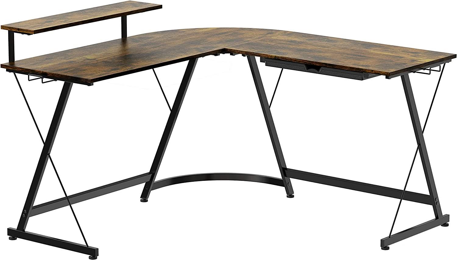Vista Rustic Brown L Shaped Desk With Monitor Stand