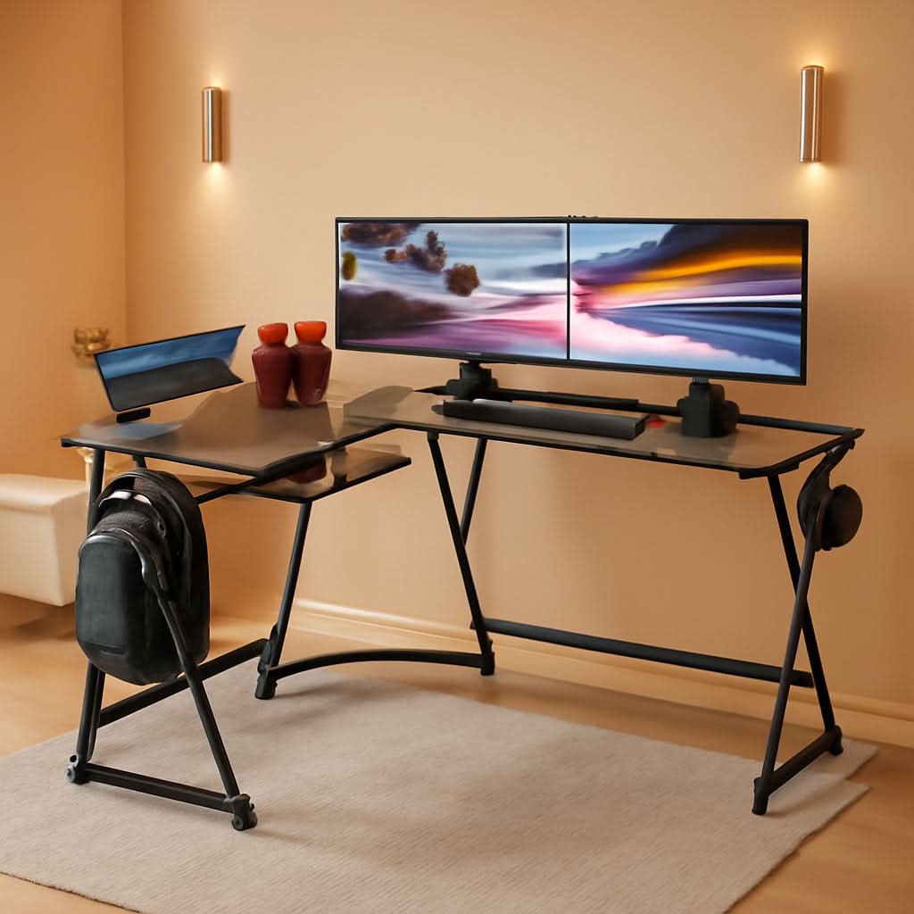 Vista Rustic Brown L Shaped Desk With Monitor Stand
