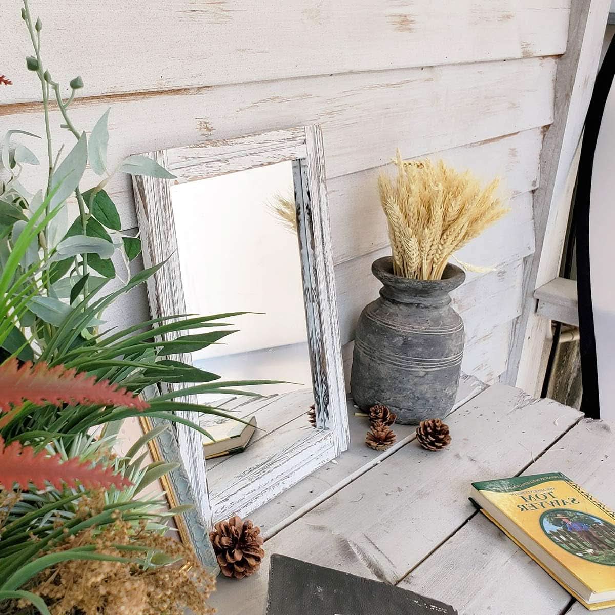 Wall Mirror Wood Framed Rustic Rectangle Small Decorative