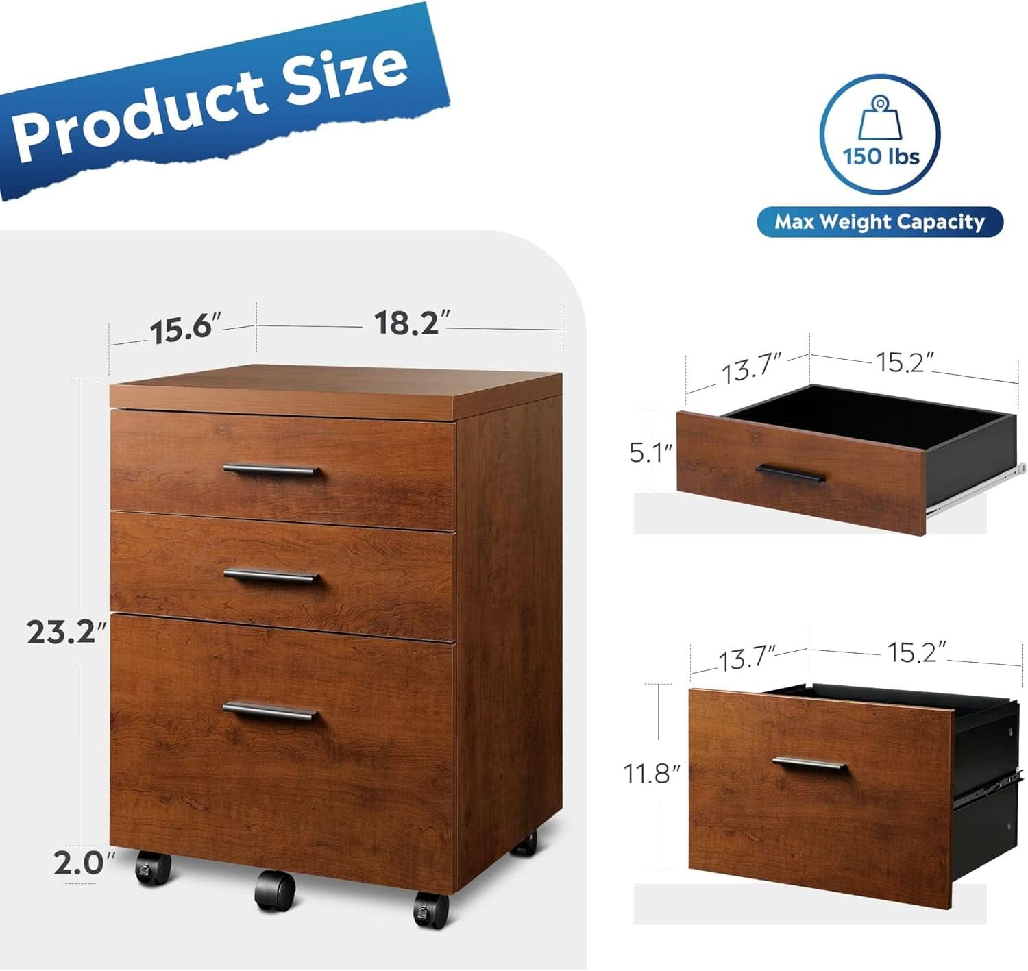 Walnut 3 Drawer File Cabinet For Home Office Under Desk With Rolling Wheels Printer Stand