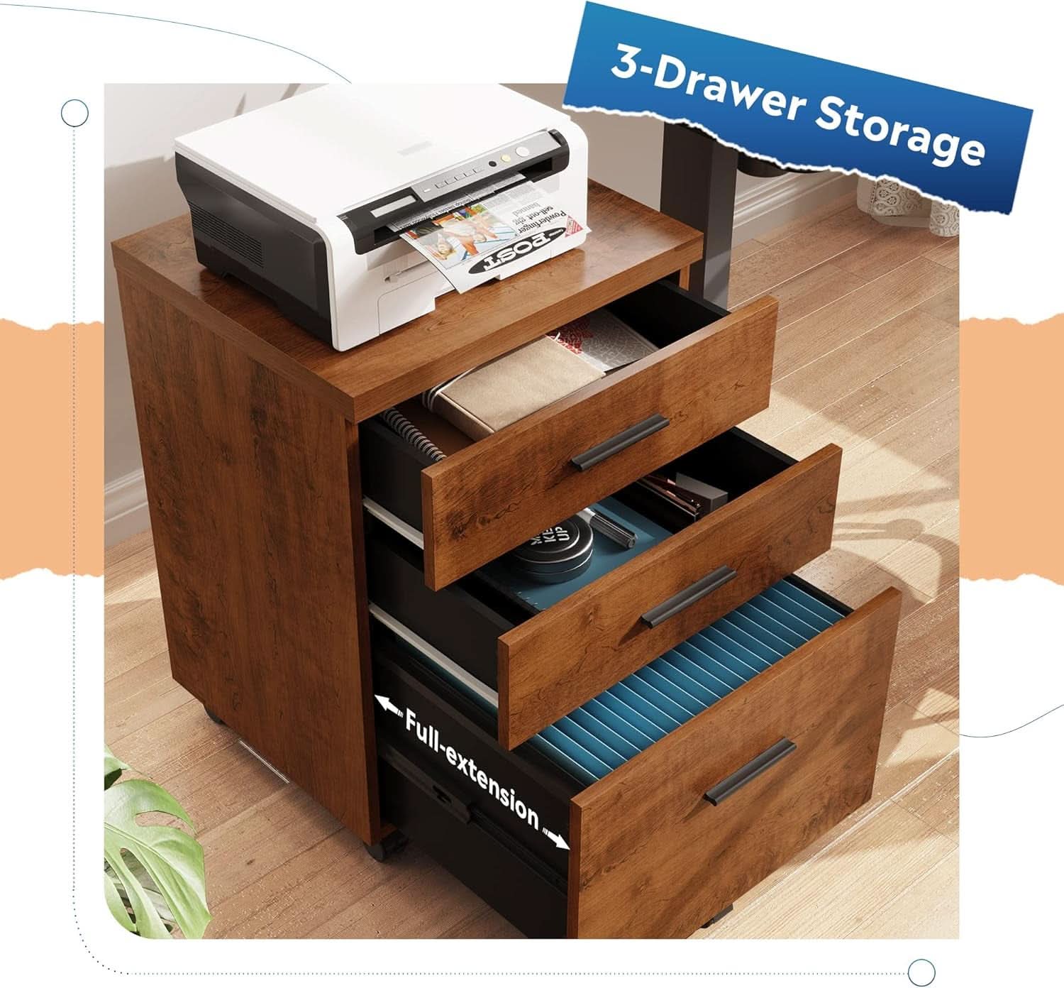 Walnut 3 Drawer File Cabinet For Home Office Under Desk With Rolling Wheels Printer Stand