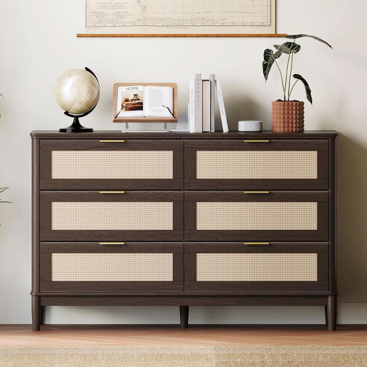Walnut 47 Inch Dresser With Six Deep Drawers Solid Wood