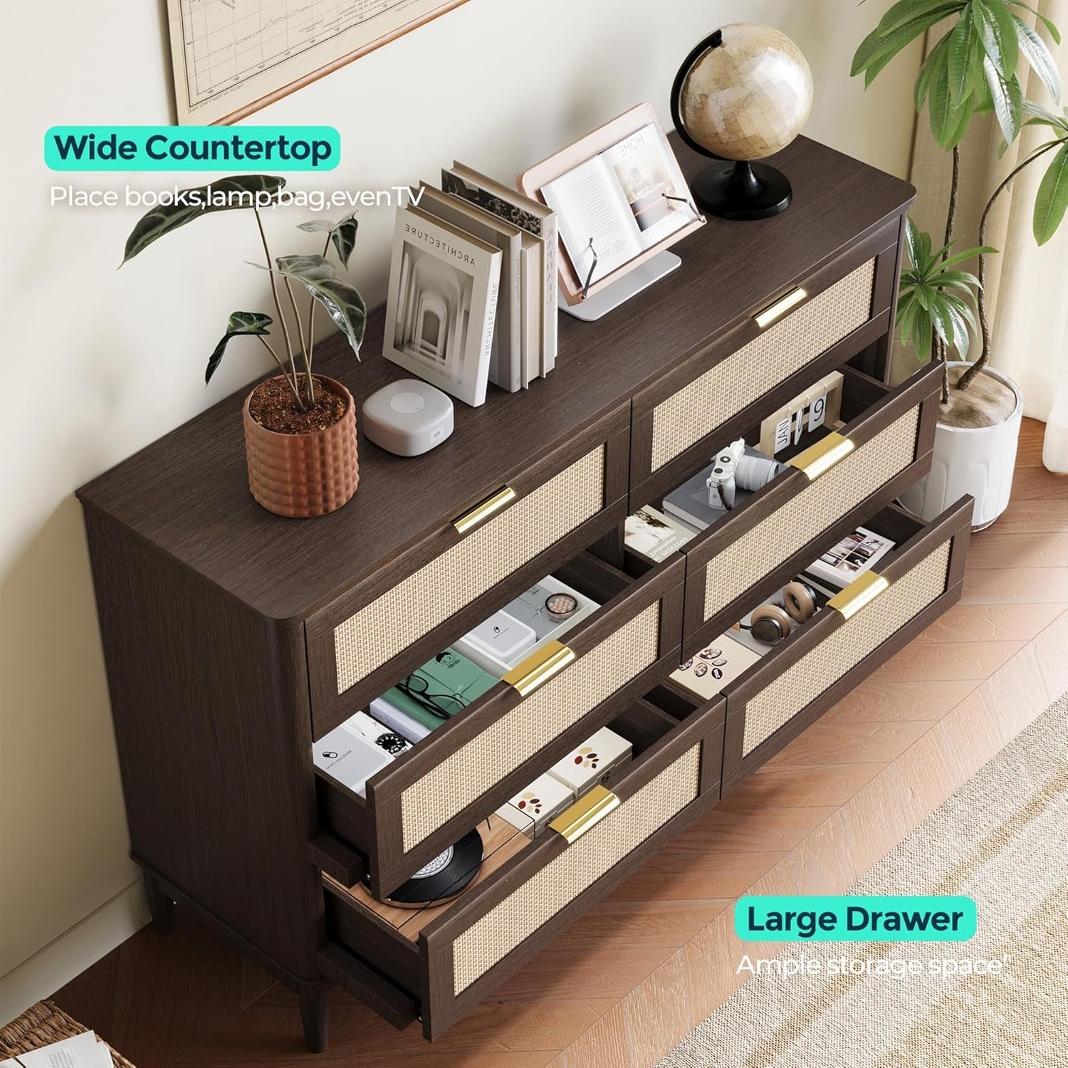 Walnut 47 Inch Dresser With Six Deep Drawers Solid Wood