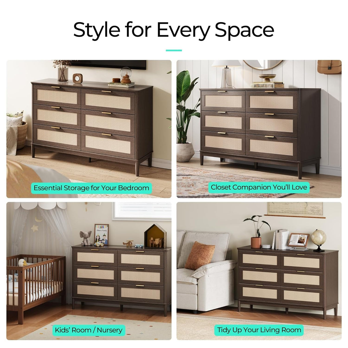 Walnut 47 Inch Dresser With Six Deep Drawers Solid Wood