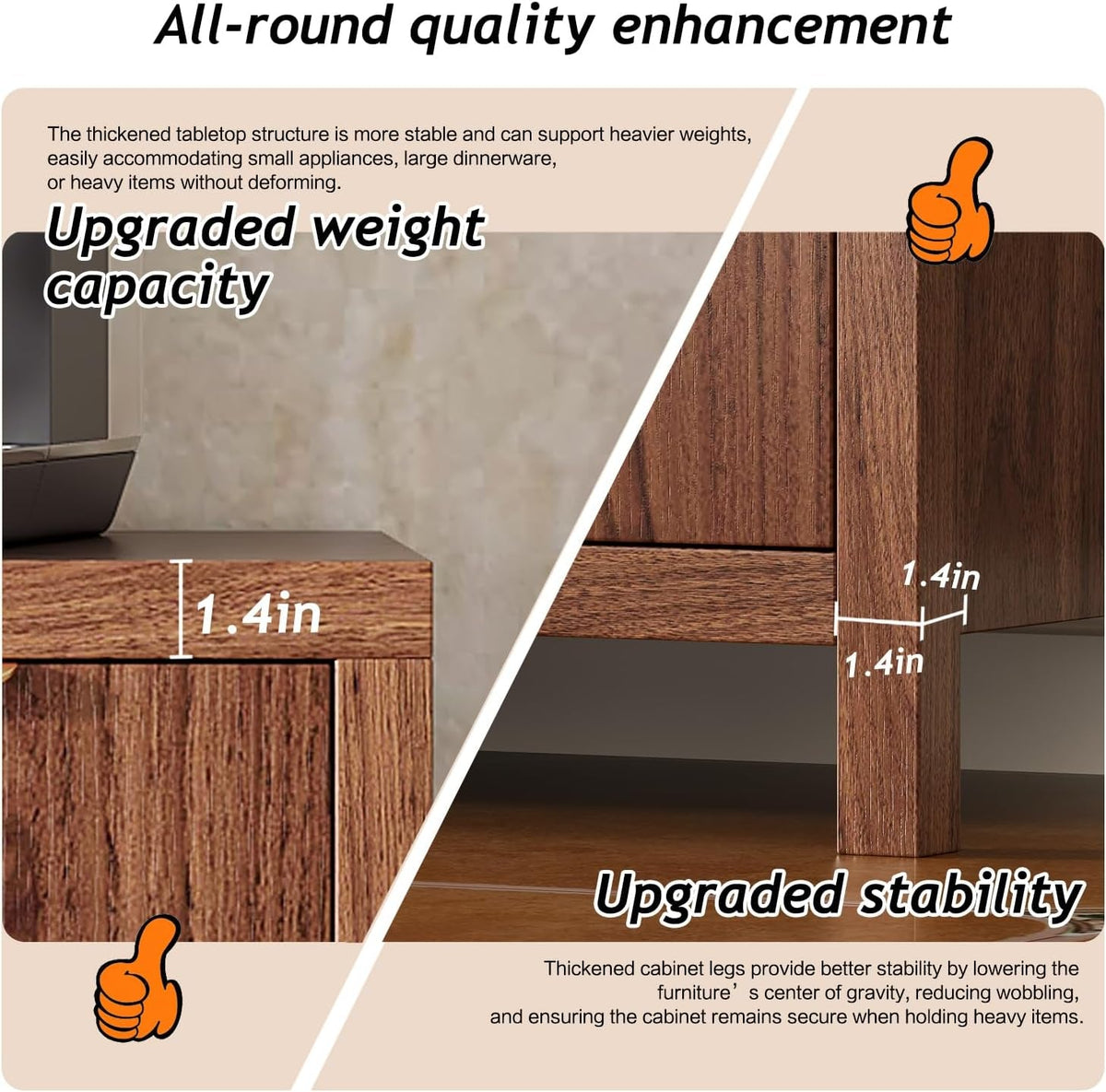 Walnut 55 Inch Buffet Sideboard With Gold Handles 4 Doors