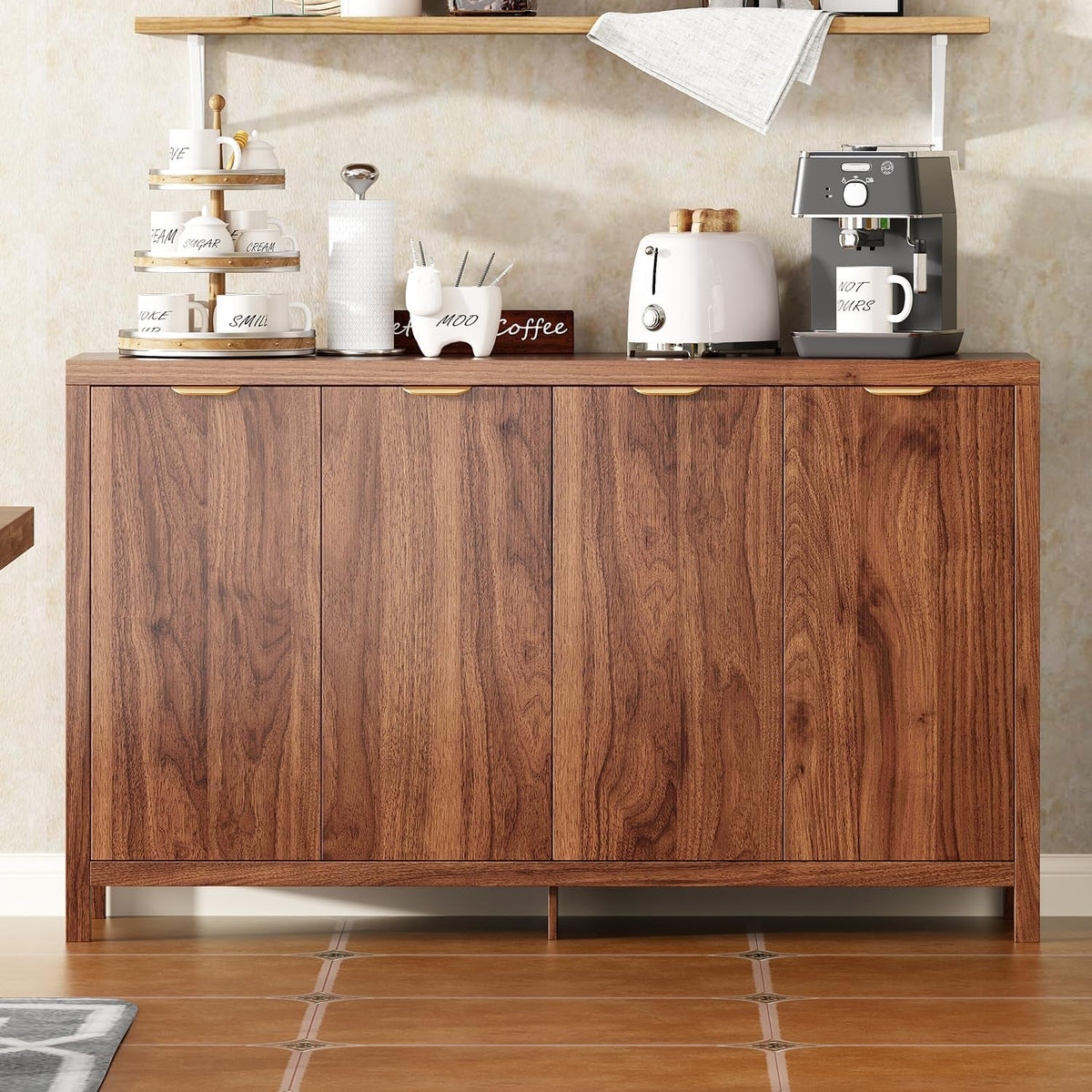 Walnut 55 Inch Buffet Sideboard With Gold Handles 4 Doors