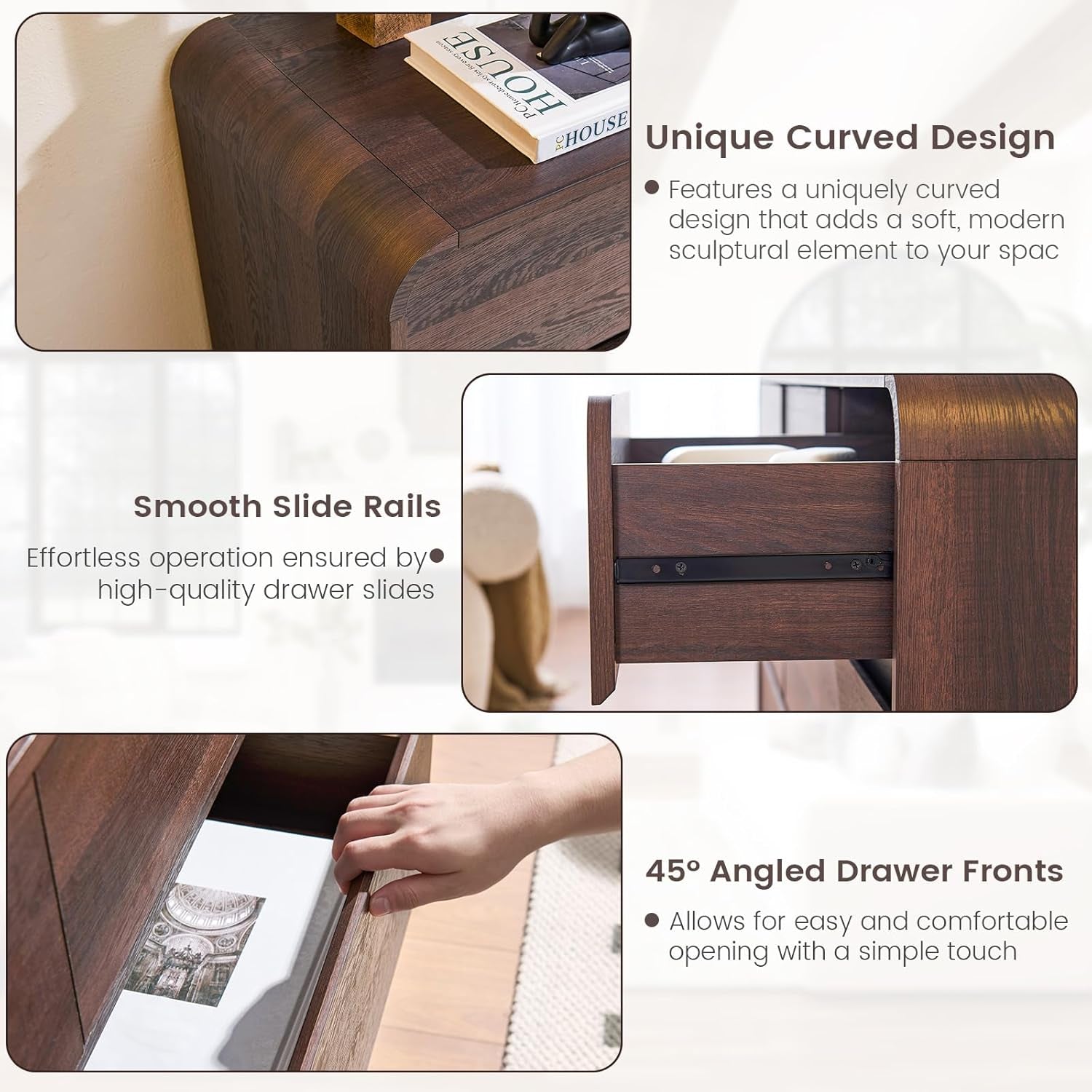 Walnut 6 Drawer Dresser Curved 47 Inch Bedroom Storage