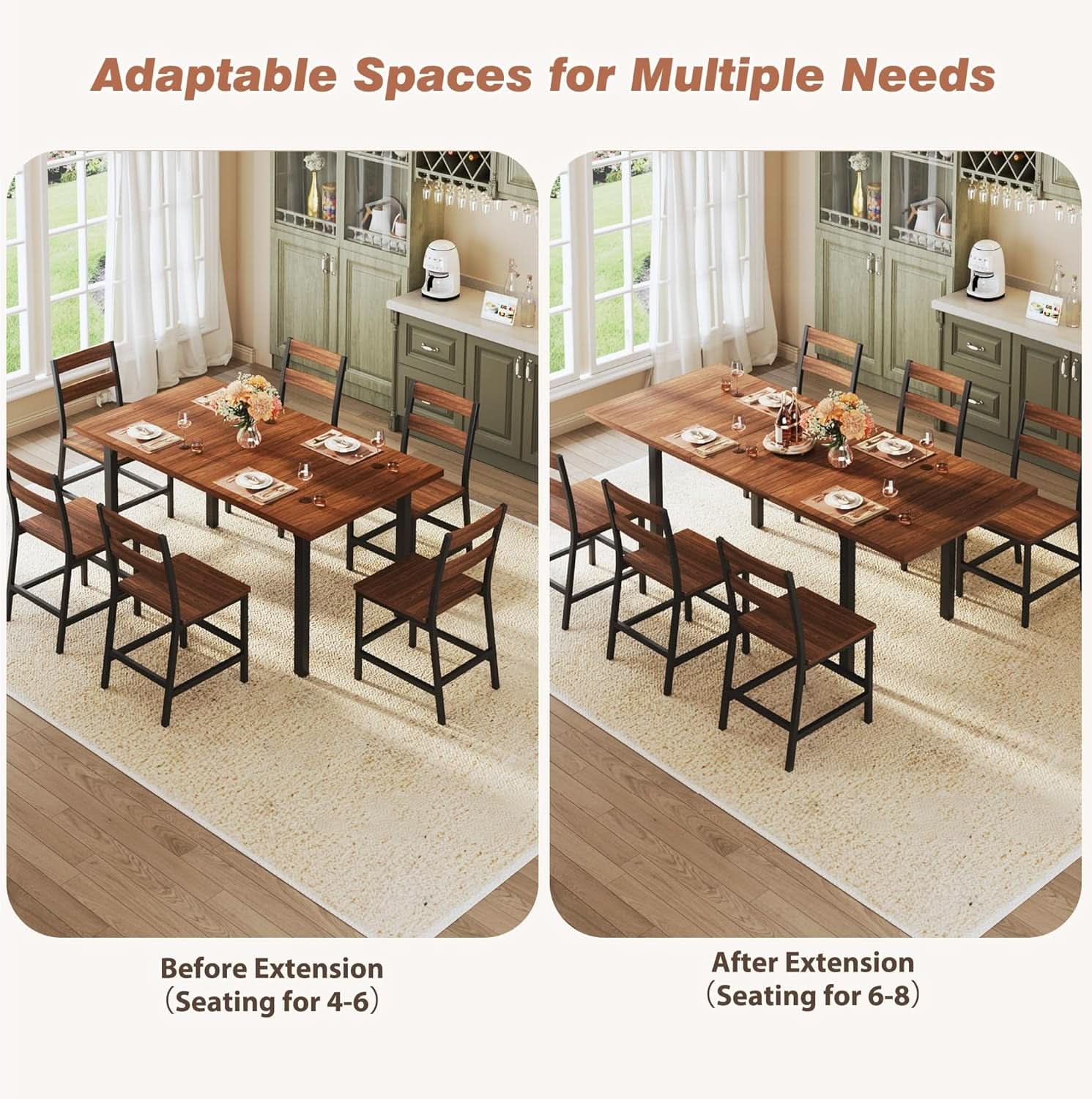 Walnut 63 Inch Extendable Dining Table Set For Six Chairs