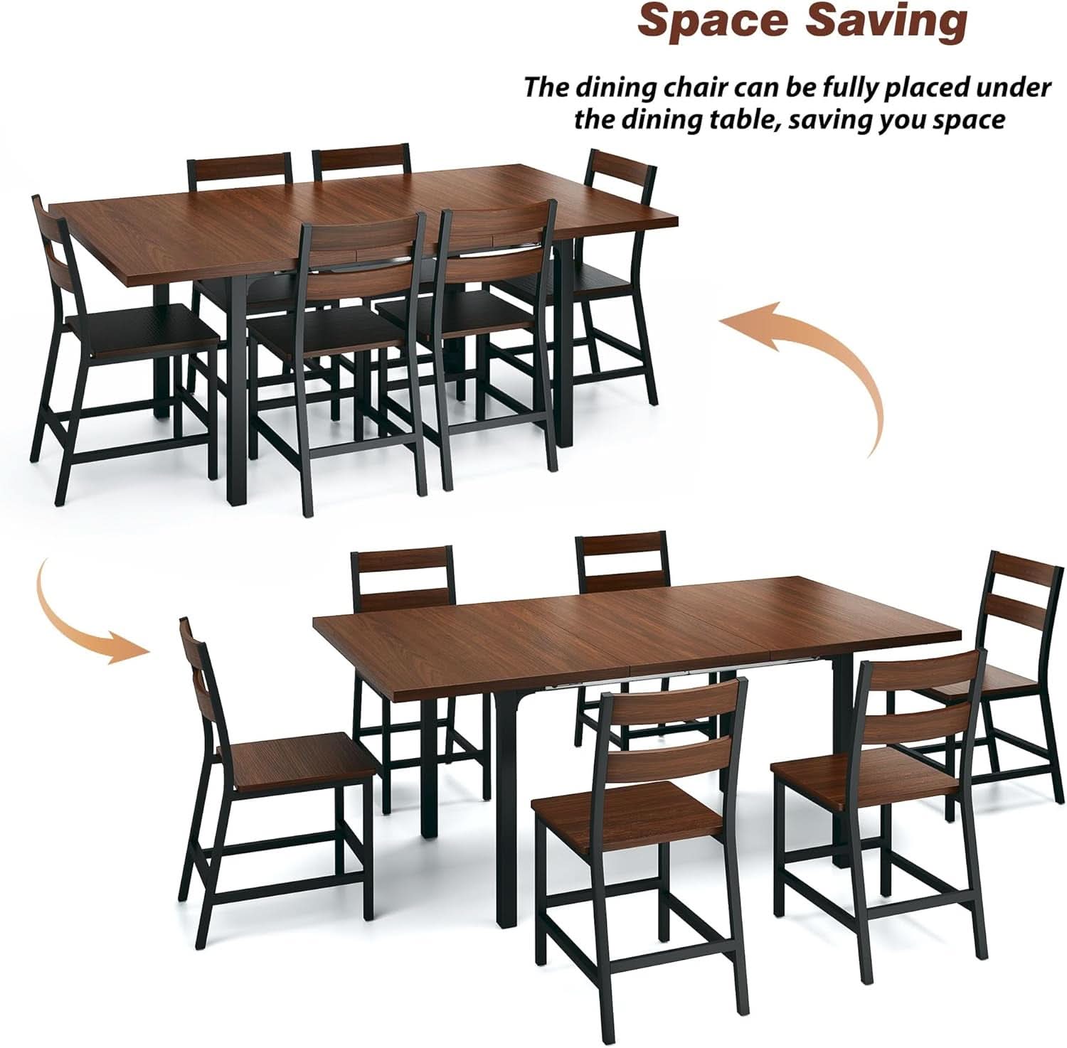 Walnut 63 Inch Extendable Dining Table Set For Six Chairs