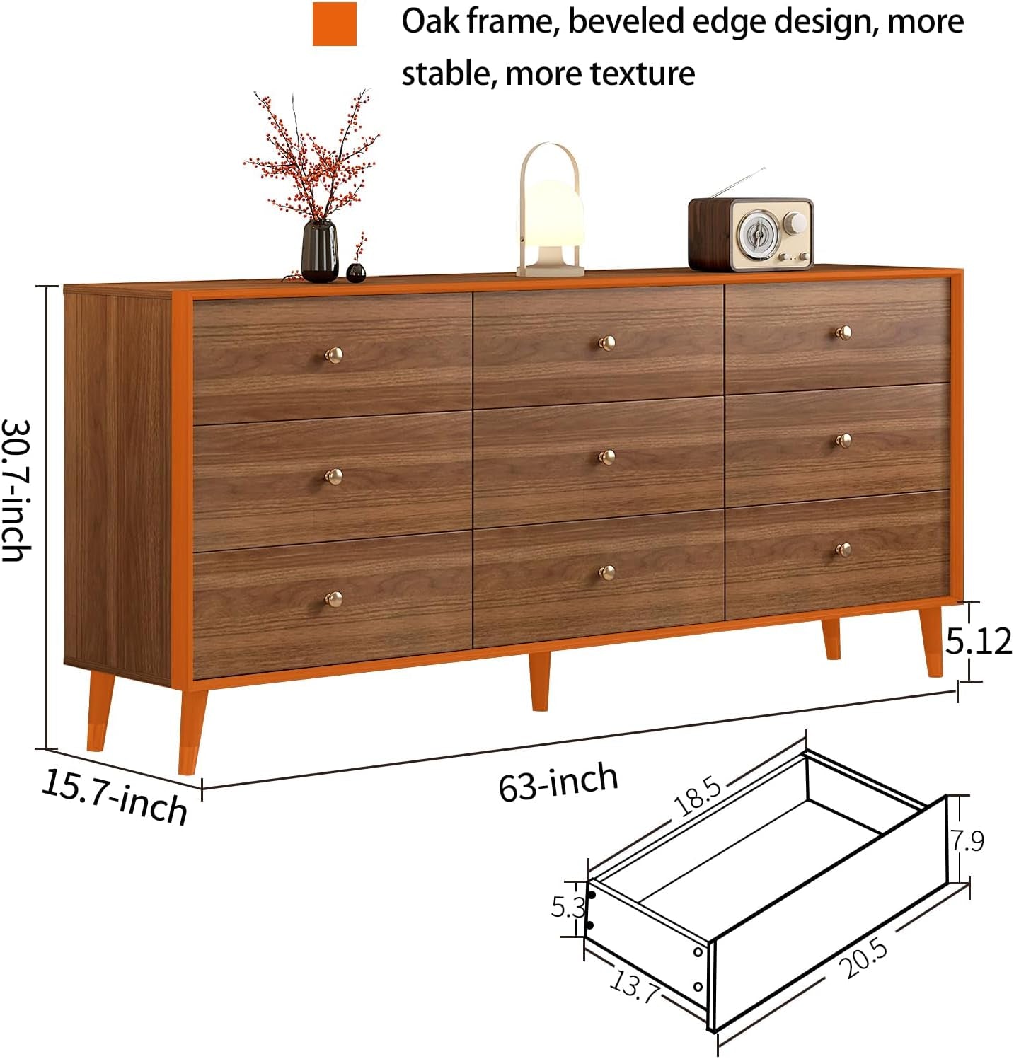 Walnut 63 Inch Wide Beveled Solid Hardwood Dresser 6 Drawer
