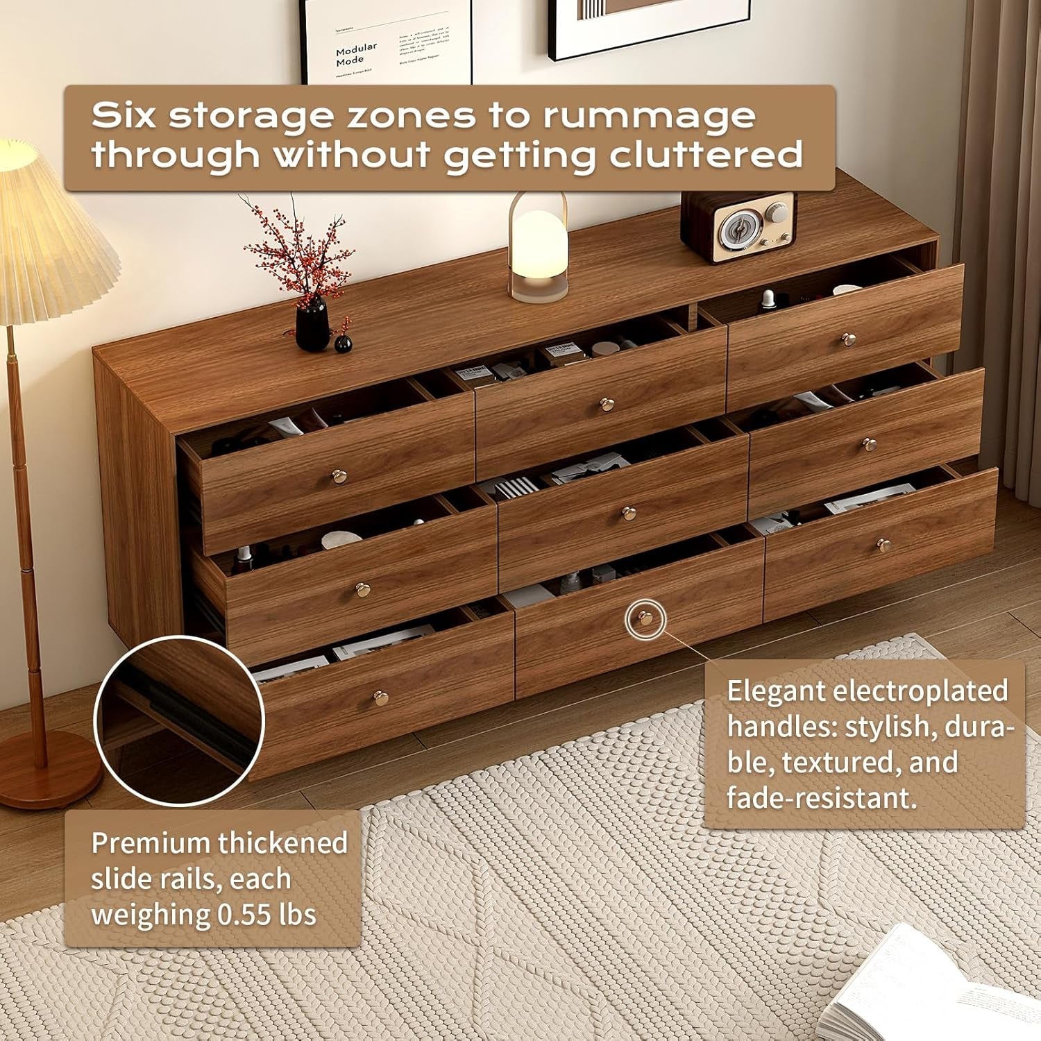 Walnut 63 Inch Wide Beveled Solid Hardwood Dresser 6 Drawer