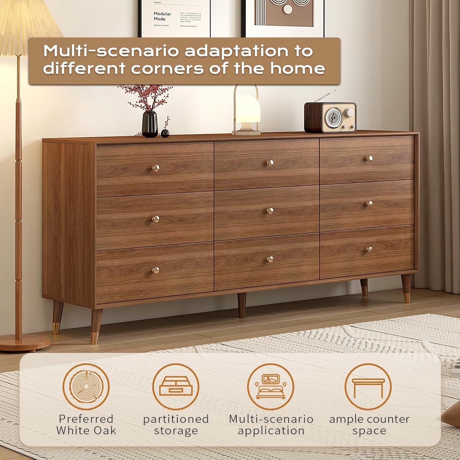 Walnut 63 Inch Wide Beveled Solid Hardwood Dresser 6 Drawer