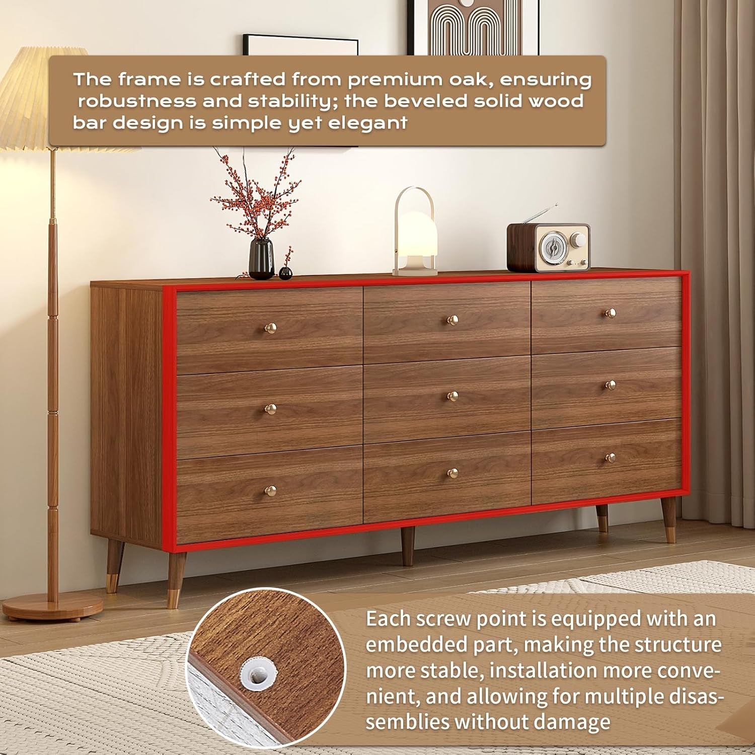Walnut 63 Inch Wide Beveled Solid Hardwood Dresser 6 Drawer