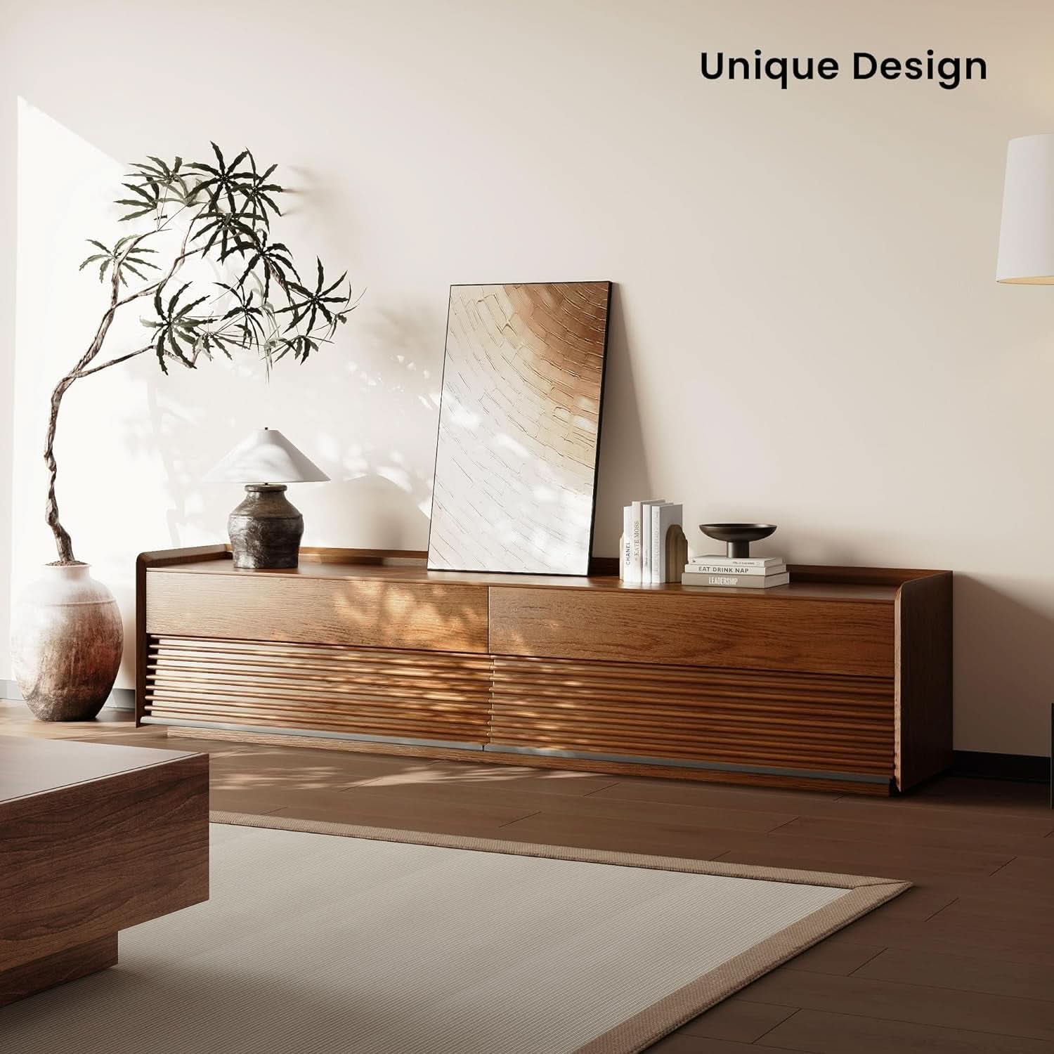Walnut 78 Inch Mid Century Modern TV Stand With LED Storage