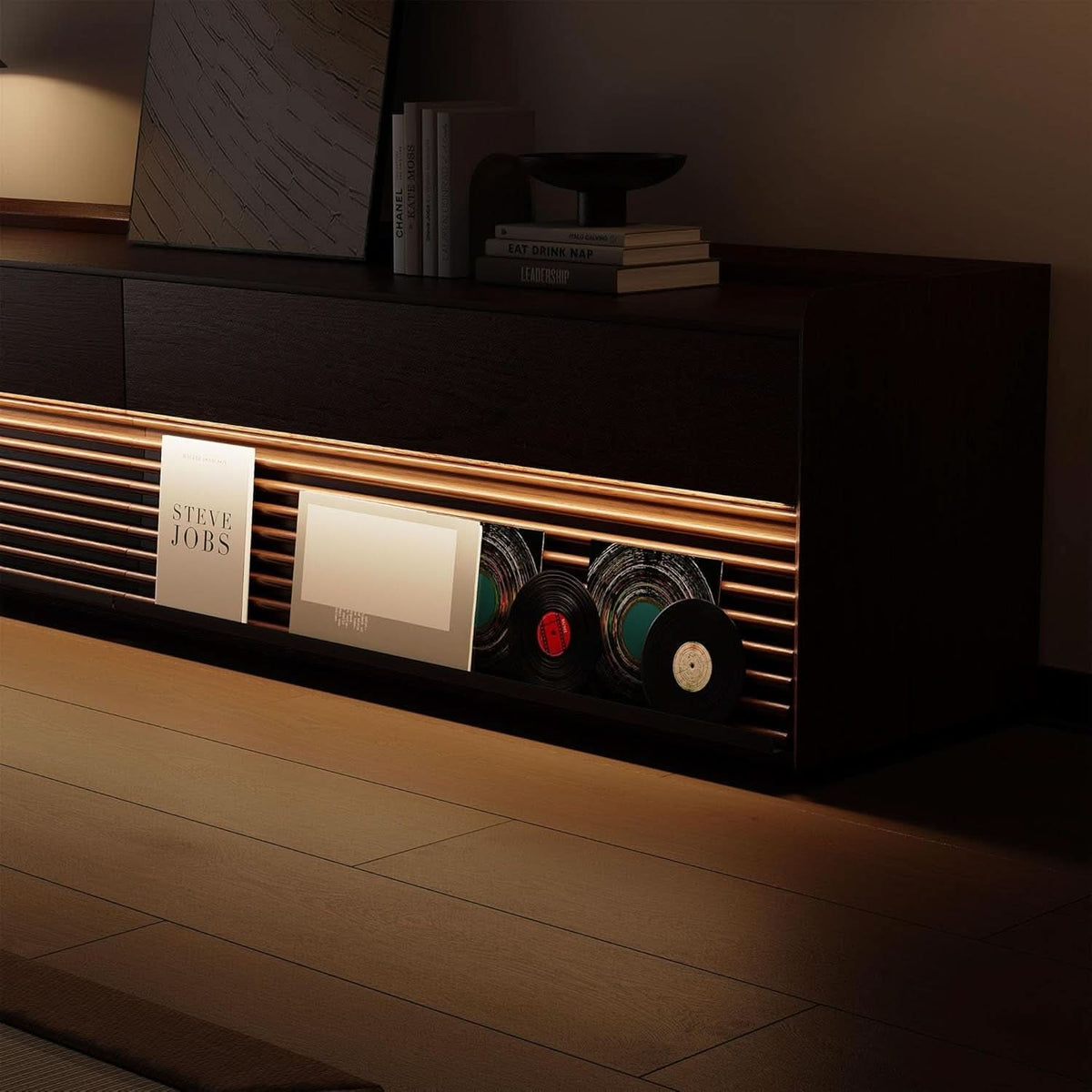 Walnut 78 Inch Mid Century Modern TV Stand With LED Storage