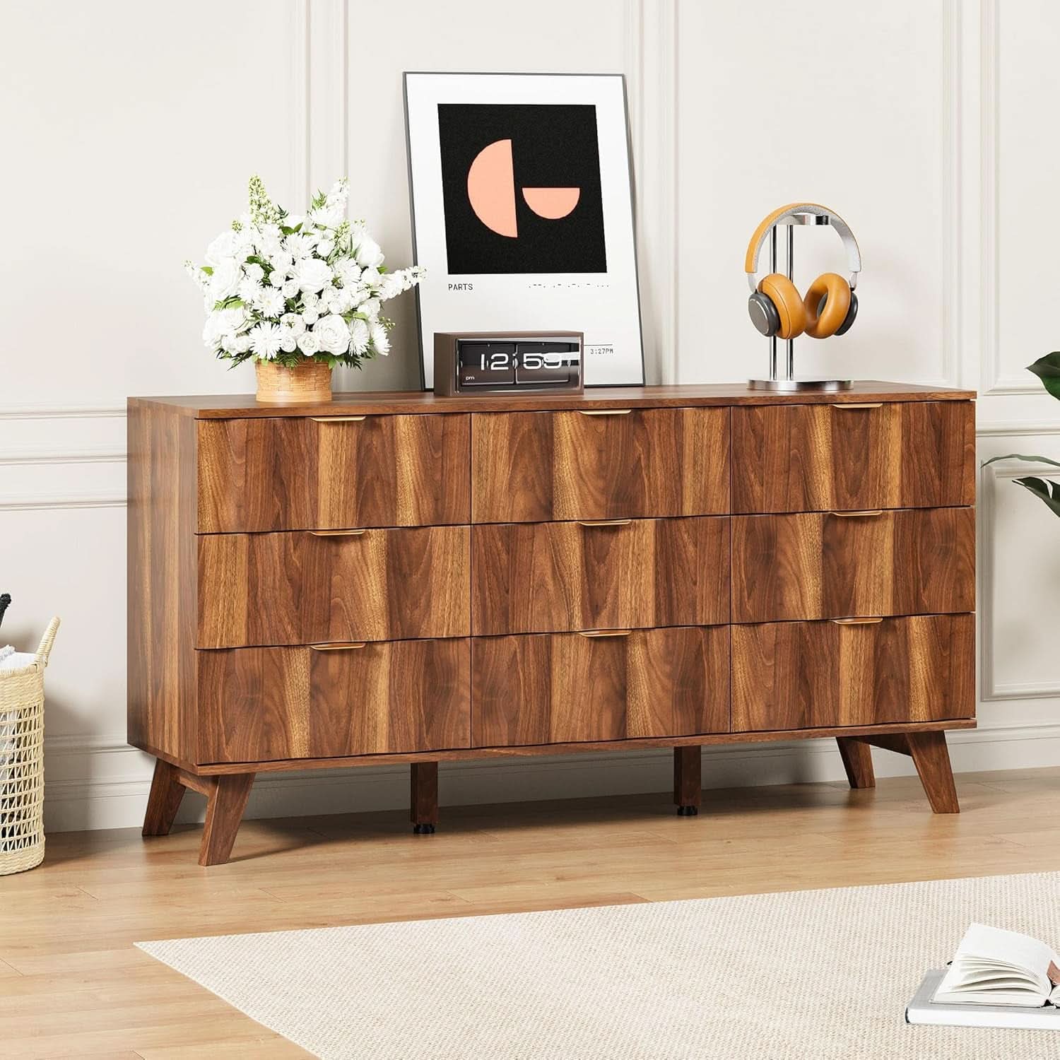 Walnut 9 Drawer Dresser With Fluted Fronts For Bedroom