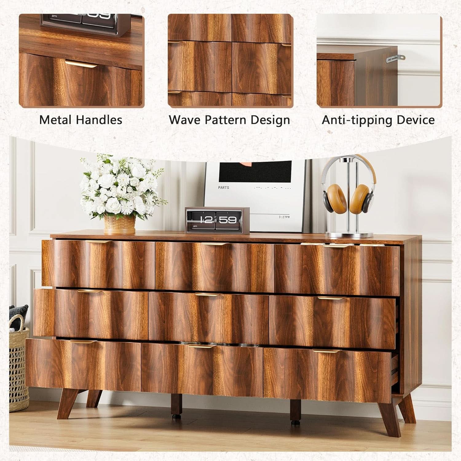 Walnut 9 Drawer Dresser With Fluted Fronts For Bedroom