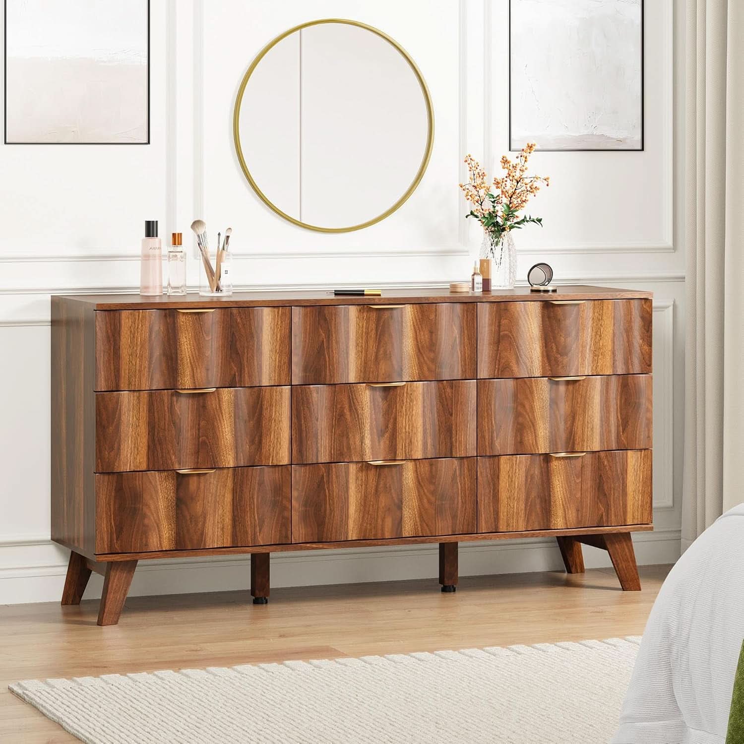 Walnut 9 Drawer Dresser With Fluted Fronts For Bedroom