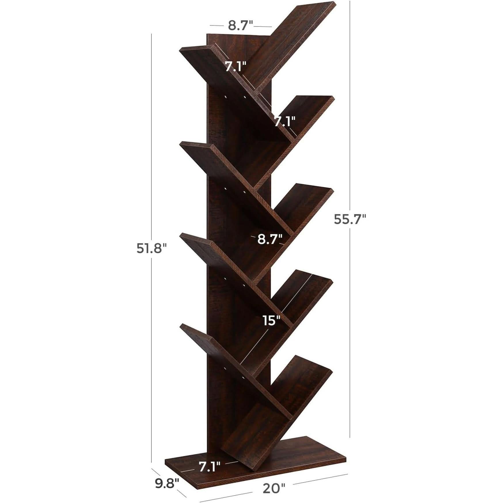 Walnut 9-Tier Tree Bookshelf Space-Saving Corner Shelf