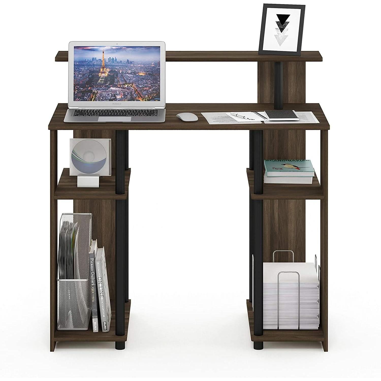 Walnut Black Writing Desk With Shelves And Printer