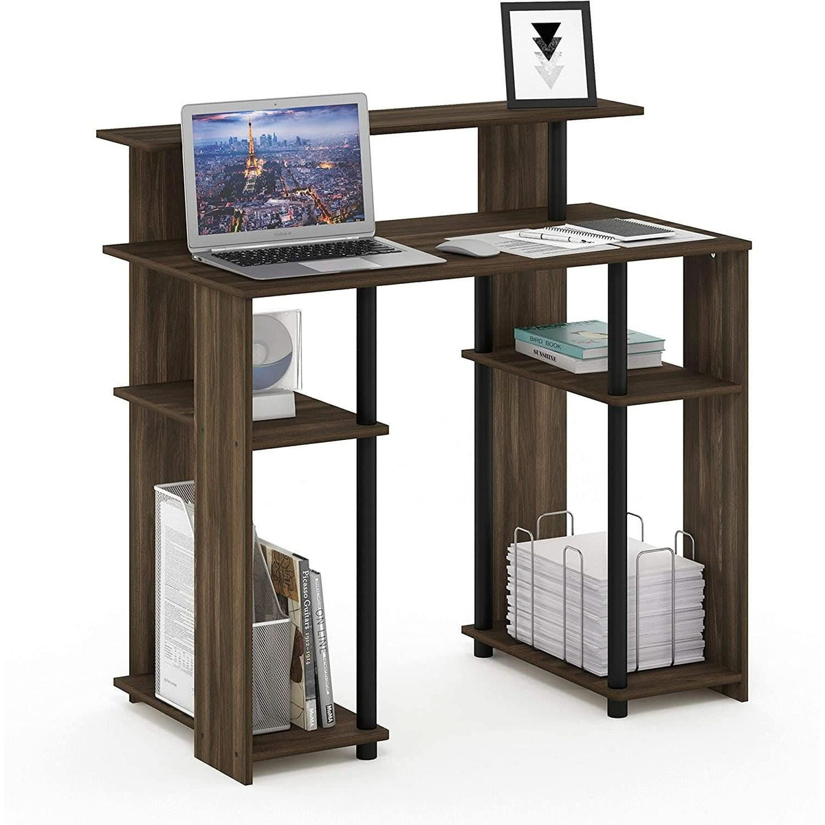 Walnut Black Writing Desk With Shelves And Printer