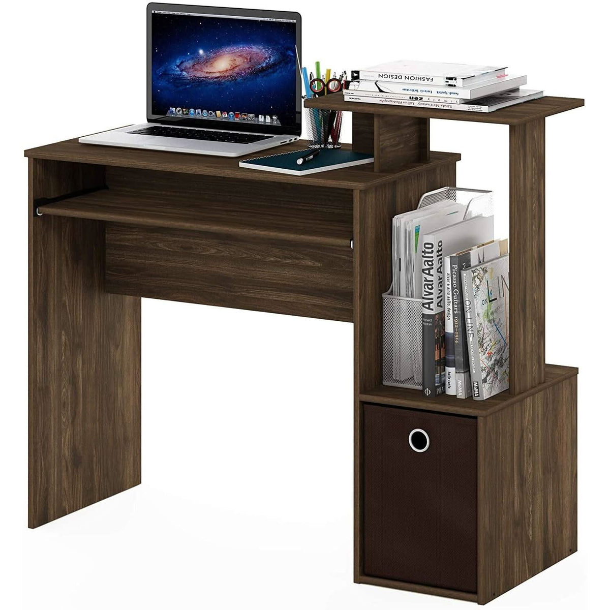 Walnut Compact Desk With Keyboard Tray And Shelves