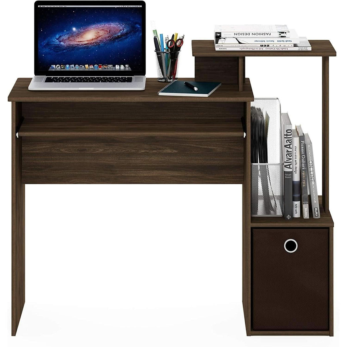 Walnut Compact Desk With Keyboard Tray And Shelves