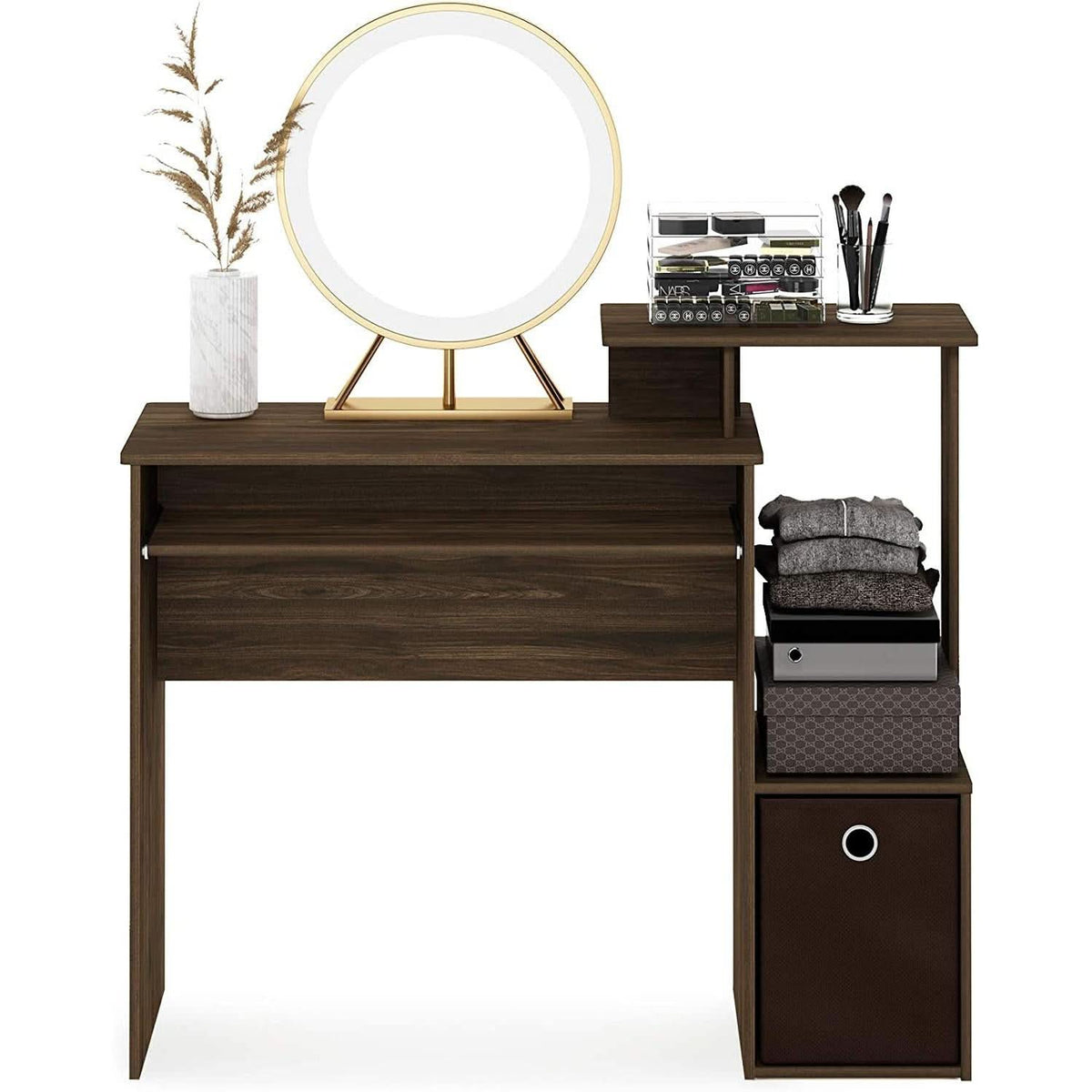 Walnut Compact Desk With Keyboard Tray And Shelves