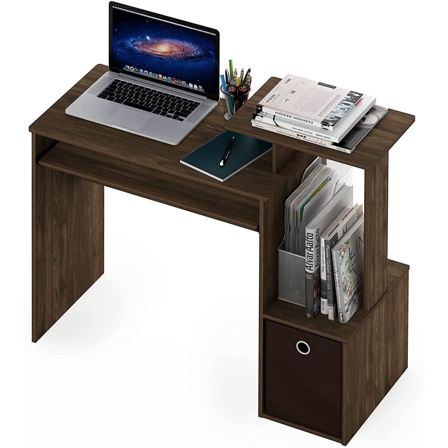 Walnut Compact Desk With Keyboard Tray And Shelves